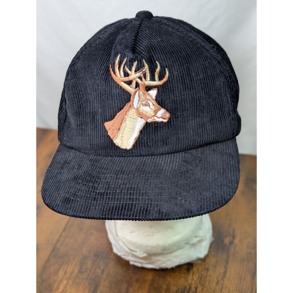 Vtg YoungAn Deer Head Snapback Hat Black Corduroy Made in Sri Lanka Hunting